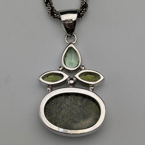 Vintage green serpentine and sterling silver pendant with sterling silver necklace